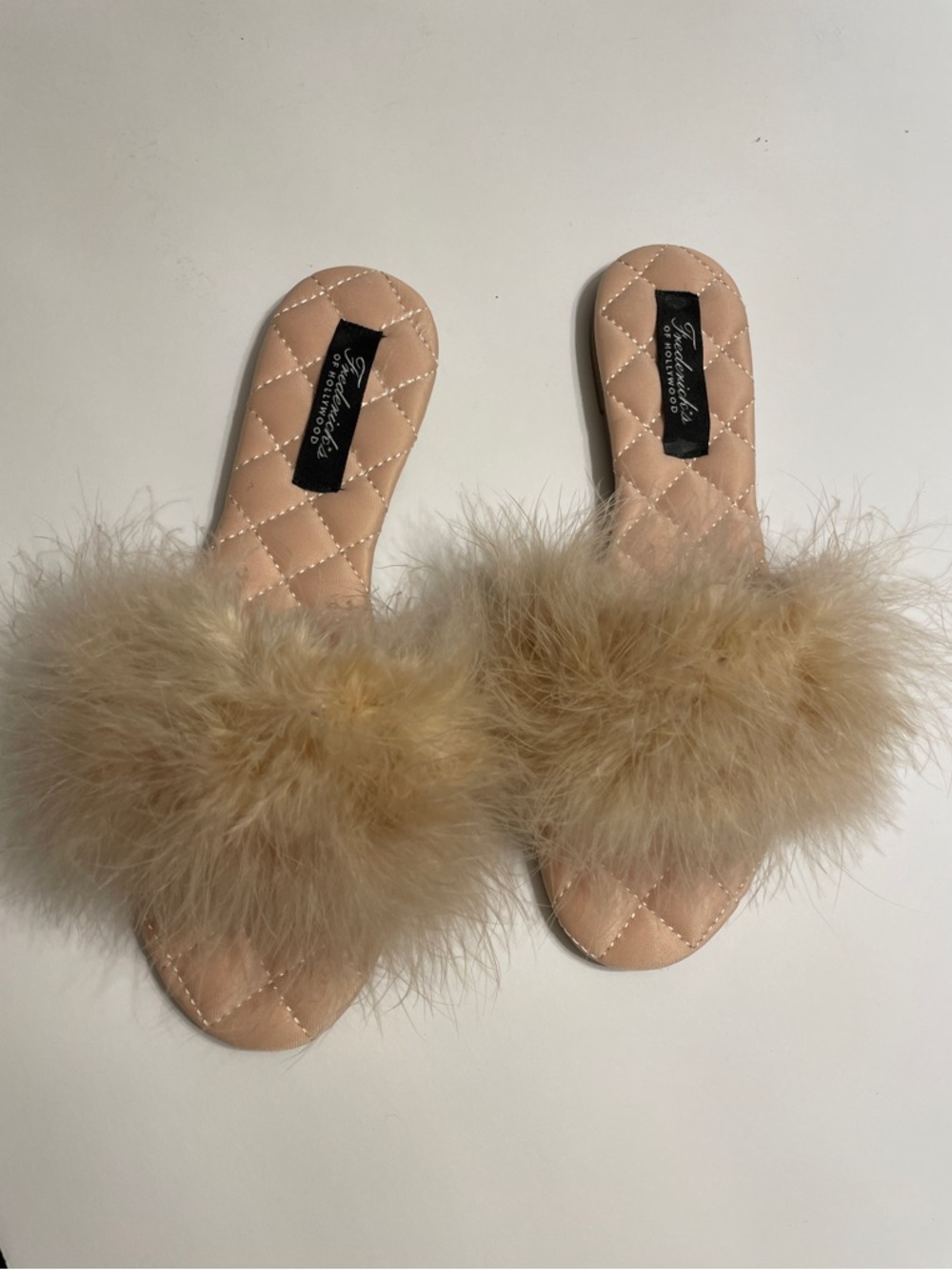 Frederick's of Hollywood Beige Feather Slide Sandals